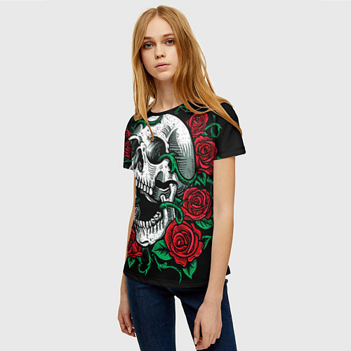 Женская футболка Череп и Розы / 3D-принт – фото 3