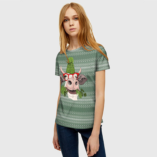 Женская футболка Довольная корова / 3D-принт – фото 3