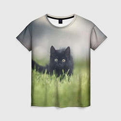 Футболка женская Черный кот на лугу, цвет: 3D-принт