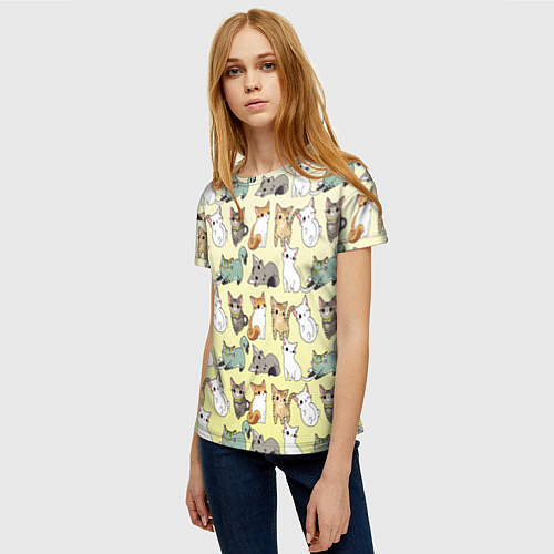 Женская футболка Мультяшные котики на желтом мя / 3D-принт – фото 3