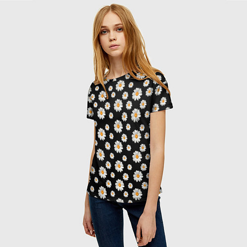 Женская футболка Ромашки на чёрном / 3D-принт – фото 3