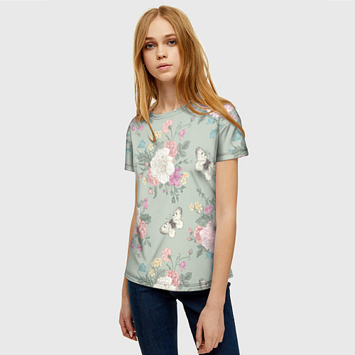 Женская футболка Бабочки в цветах / 3D-принт – фото 3