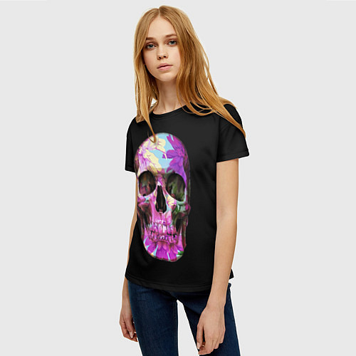 Женская футболка Черепа и цветы / 3D-принт – фото 3