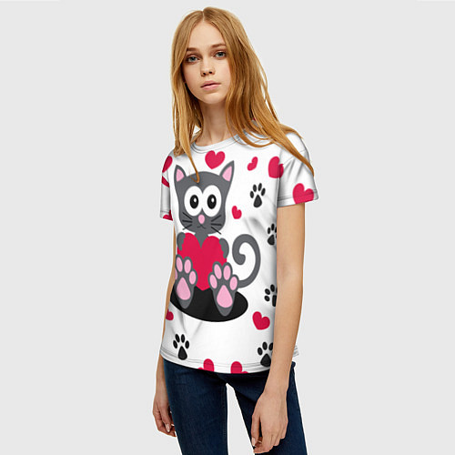 Женская футболка Котейка, лапки и сердечки / 3D-принт – фото 3