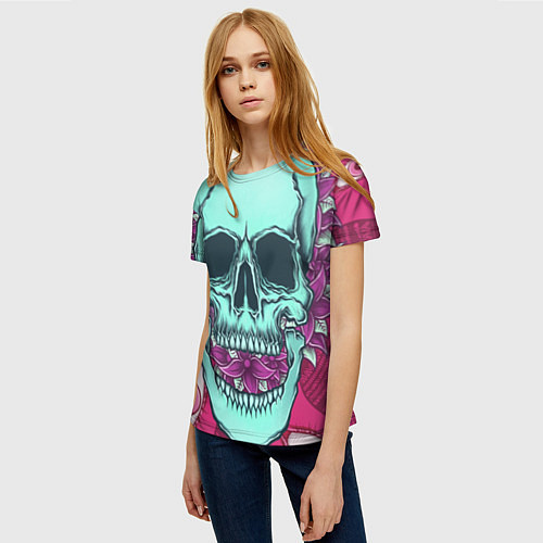 Женская футболка Череп в цветах / 3D-принт – фото 3
