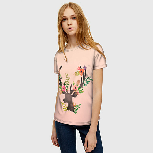 Женская футболка Олень рога цветы / 3D-принт – фото 3