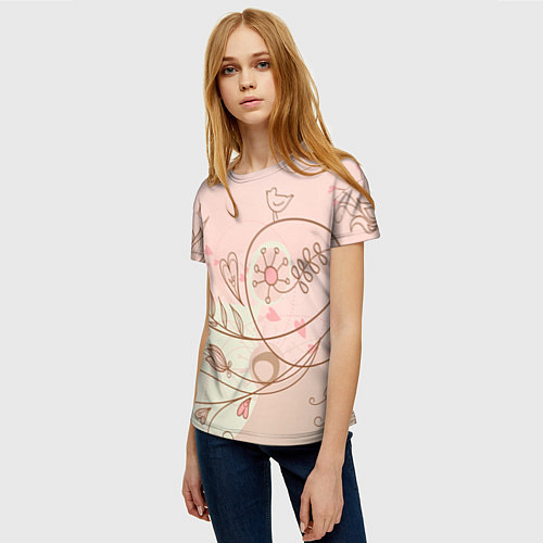 Женская футболка Летний узор цветы птичка / 3D-принт – фото 3