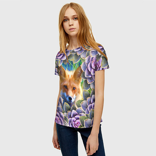 Женская футболка Лиса среди цветов / 3D-принт – фото 3