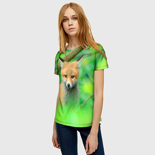 Женская футболка Лисенок в зеленом лесу / 3D-принт – фото 3