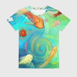 Футболка женская Золотые рыбы в море абстракции, цвет: 3D-принт