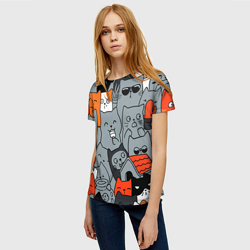 Женская футболка Разноцветные коты / 3D-принт – фото 3