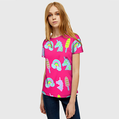 Женская футболка Pop it радуга и единорог / 3D-принт – фото 3
