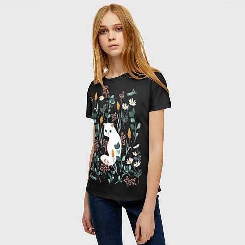 Женская футболка Кошечка среди цветов / 3D-принт – фото 3