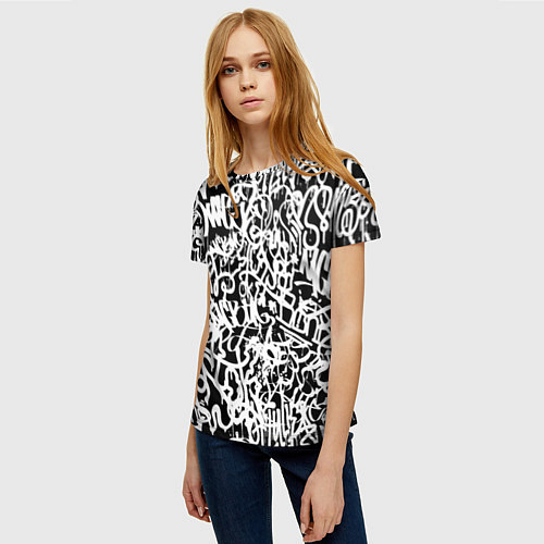 Женская футболка Graffiti white on black / 3D-принт – фото 3