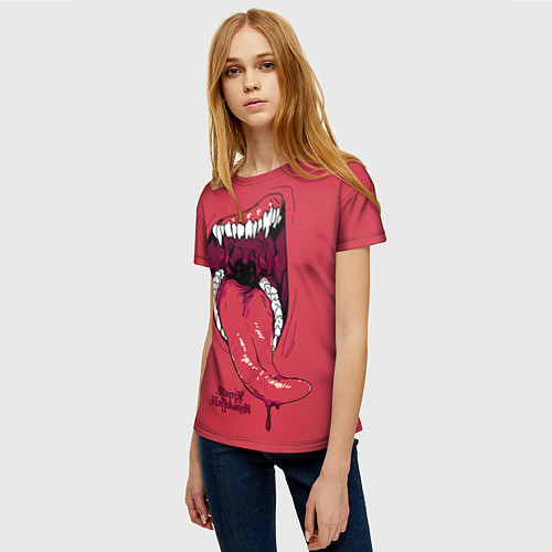 Женская футболка Пасть красного хищника / 3D-принт – фото 3