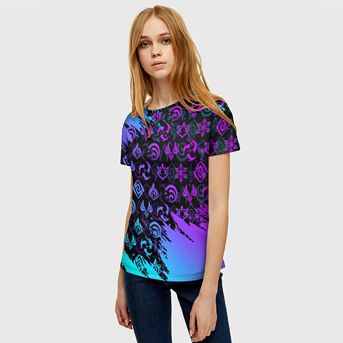 Женская футболка GENSHIN NEON PATTERN SYMBOL НЕОН ЭМБЛЕМЫ / 3D-принт – фото 3