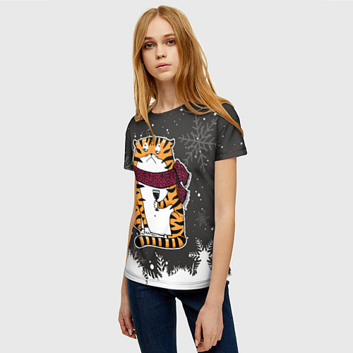 Женская футболка Тигр с бокалом вина / 3D-принт – фото 3
