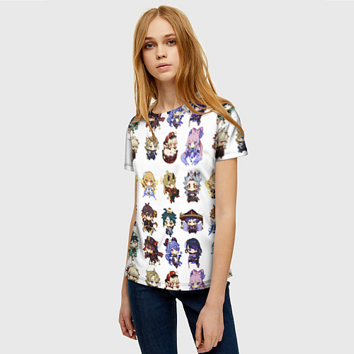 Женская футболка Все герои Геншин Импакта чиби паттерн / 3D-принт – фото 3
