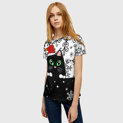 Женская футболка Новогодний кот в колпаке Санты / 3D-принт – фото 3