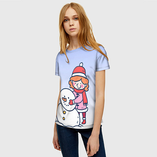 Женская футболка Девочка лепит снеговика / 3D-принт – фото 3