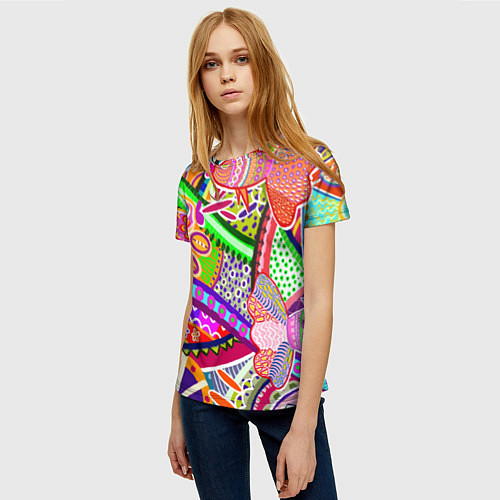 Женская футболка Разноцветные яркие рыбки на абстрактном цветном фо / 3D-принт – фото 3