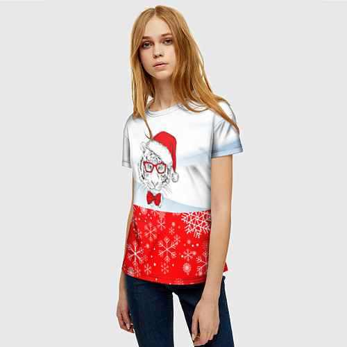 Женская футболка Новогодний тигр в сугробе снега / 3D-принт – фото 3