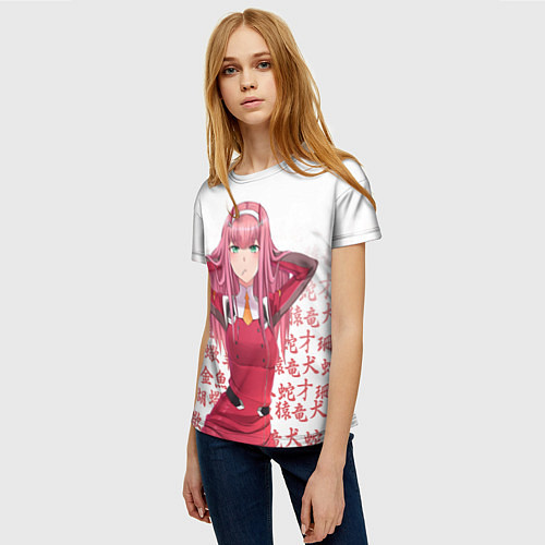 Женская футболка 02 ZERO TWO DARLING IN THE FRANXX ИЕРОГЛИФЫ / 3D-принт – фото 3
