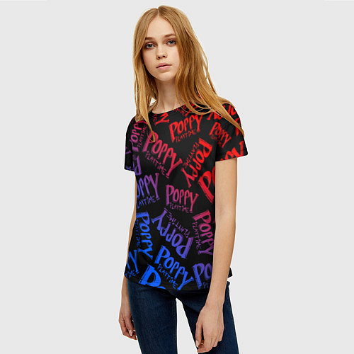 Женская футболка POPPY PLAYTIME LOGO NEON, ХАГИ ВАГИ / 3D-принт – фото 3