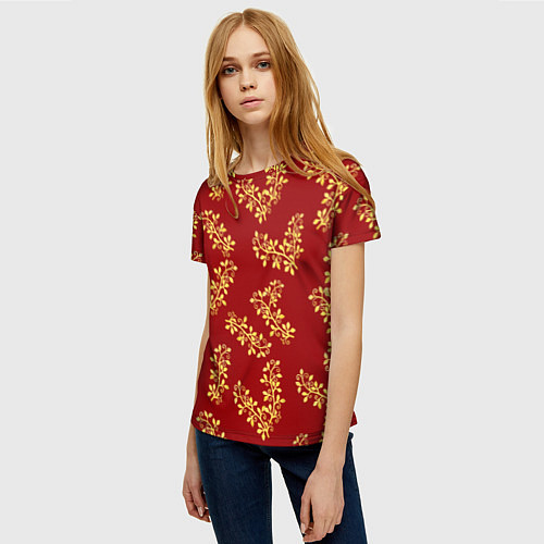 Женская футболка Золотые веточки на ярко красном фоне / 3D-принт – фото 3