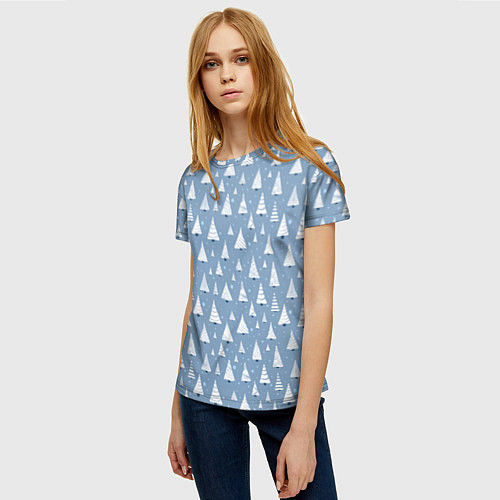 Женская футболка Паттерн белые елочки на зимнем серо-голубом фоне с / 3D-принт – фото 3