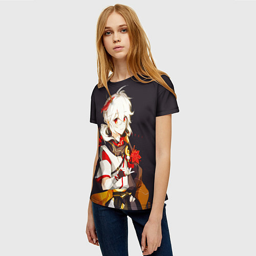Женская футболка Каэдэхара Кадзуха с листочком в руках Геншин / 3D-принт – фото 3