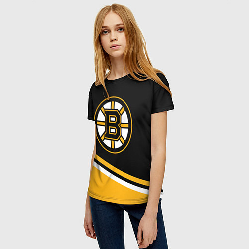 Женская футболка Бостон Брюинз, Boston Bruins Диагональные полосы / 3D-принт – фото 3