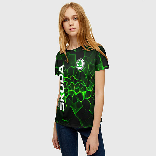 Женская футболка Skoda: Неоновые трещины / 3D-принт – фото 3