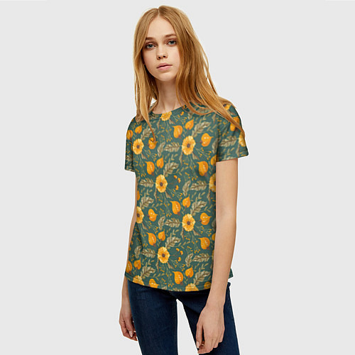 Женская футболка Желтые цветочки и листья / 3D-принт – фото 3
