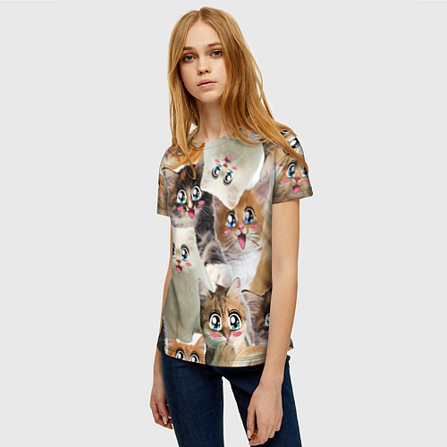 Женская футболка Много кошек с большими анимэ глазами / 3D-принт – фото 3