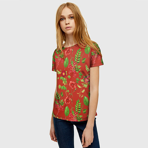 Женская футболка Паттерн из листьев на красном фоне / 3D-принт – фото 3