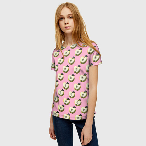 Женская футболка Яблочные дольки на розовом фоне с эффектом 3D / 3D-принт – фото 3