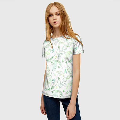 Женская футболка Хаос из зелёных веток и листьев / 3D-принт – фото 3