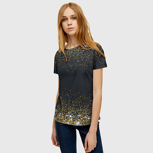Женская футболка Золотые блестки на темном фоне Сияющий глиттер, бл / 3D-принт – фото 3