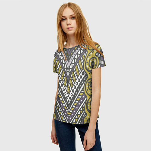 Женская футболка Абстрактный узор в стиле дудл Желтый, серый и белы / 3D-принт – фото 3