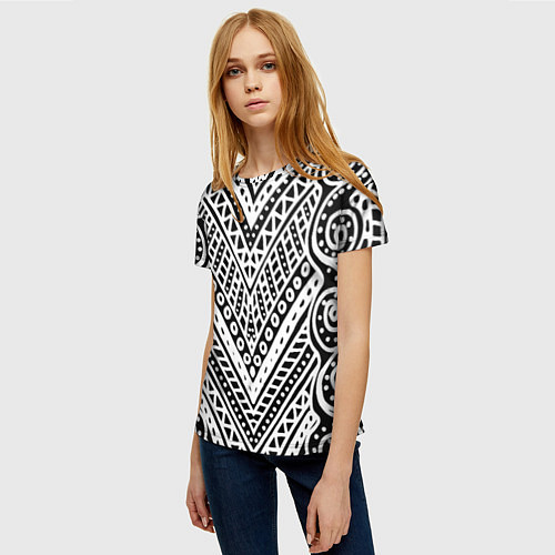 Женская футболка Абстракция черно-белая Волны, полосы, вензеля Моно / 3D-принт – фото 3