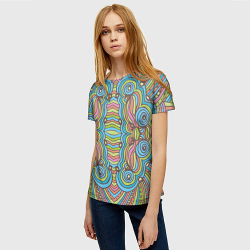 Женская футболка Абстрактный разноцветный узор Линии, волны, полосы / 3D-принт – фото 3