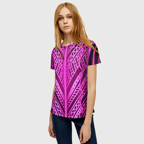 Женская футболка Неоновая абстракция Розовый светящийся узор на тем / 3D-принт – фото 3