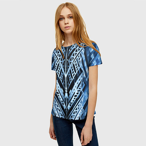 Женская футболка Неоновый узор Абстракция Голубой и синий цвет на ч / 3D-принт – фото 3
