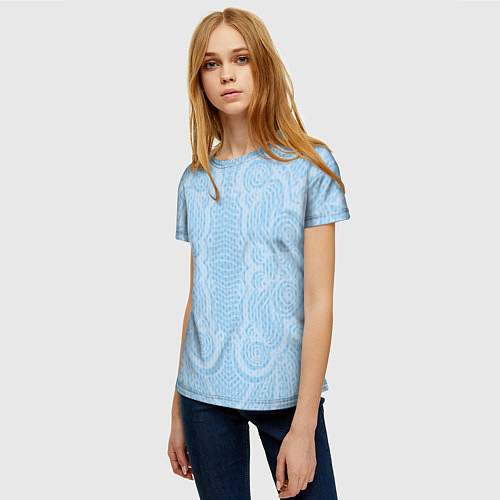 Женская футболка Вязаный светлый узор, абстракция Нежный голубой цв / 3D-принт – фото 3