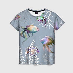 Футболка женская Разноцветные акварельные рыбки и белые водоросли, цвет: 3D-принт