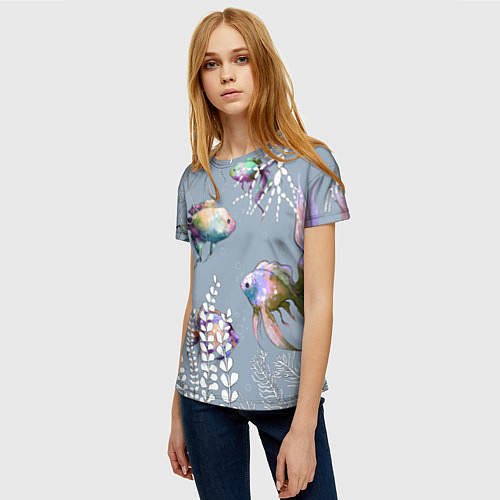 Женская футболка Разноцветные акварельные рыбки и белые водоросли / 3D-принт – фото 3