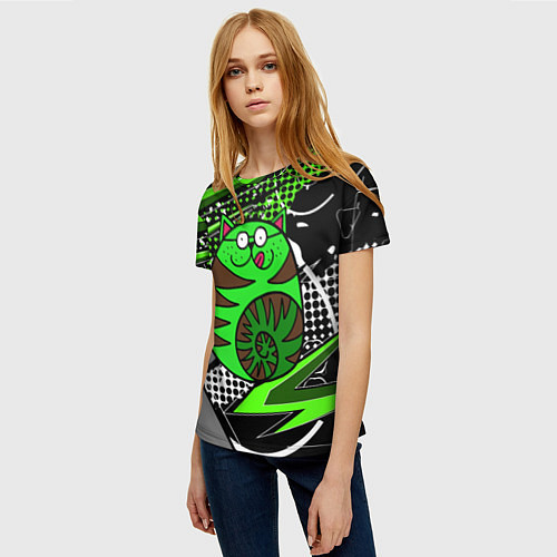 Женская футболка Зеленый круглый кот / 3D-принт – фото 3