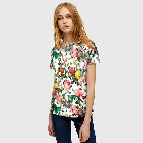 Женская футболка Узор из летних роз Summer Roses Pattern / 3D-принт – фото 3