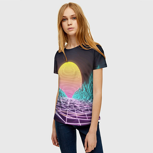 Женская футболка Vaporwave Закат солнца в горах Neon / 3D-принт – фото 3